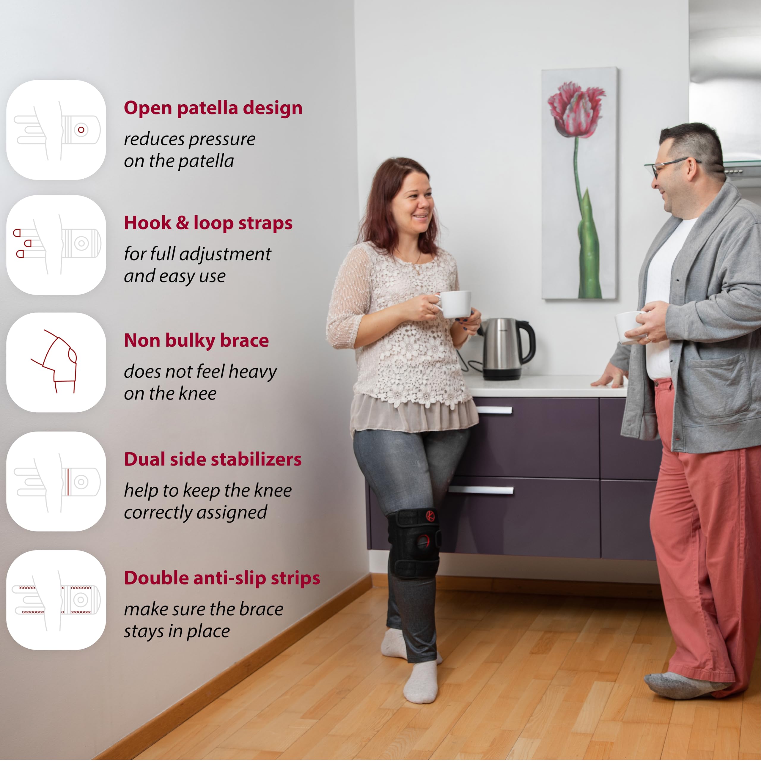 KARM open-patella knee brace reduces patella pressure while maintaining mobility.