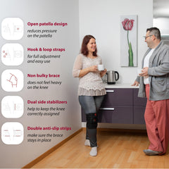 KARM open-patella knee brace reduces patella pressure while maintaining mobility.