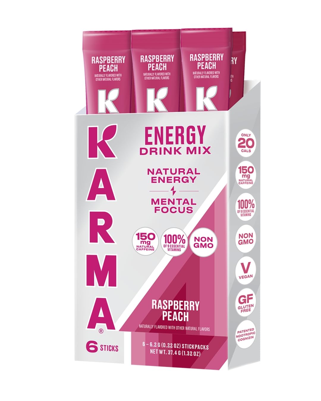 Karma Energy Hydration Raspberry Peach packets ready to mix for convenient on-the-go energy.