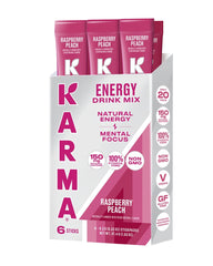 Karma Energy Hydration Raspberry Peach packets ready to mix for convenient on-the-go energy.
