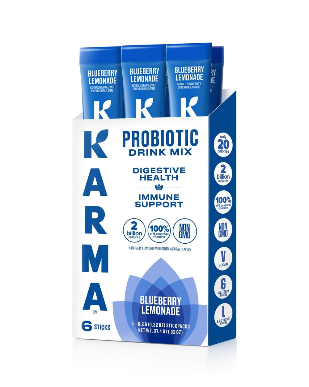 Karma Probiotic Hydration Blueberry Lemonade pack shot for on-the-go gut health support