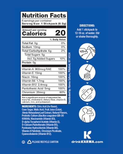 Karma Probiotic Hydration blue blueberry lemonade stick close-up showing probiotics