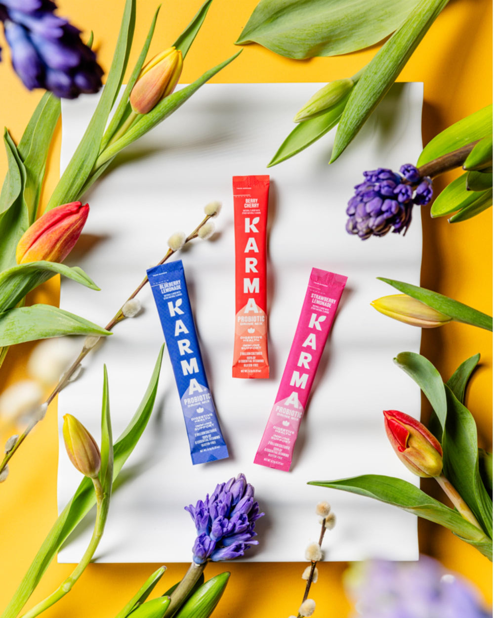 Ingredients label on Karma Probiotic Hydration Stick highlighting 2B BC30 probiotics.