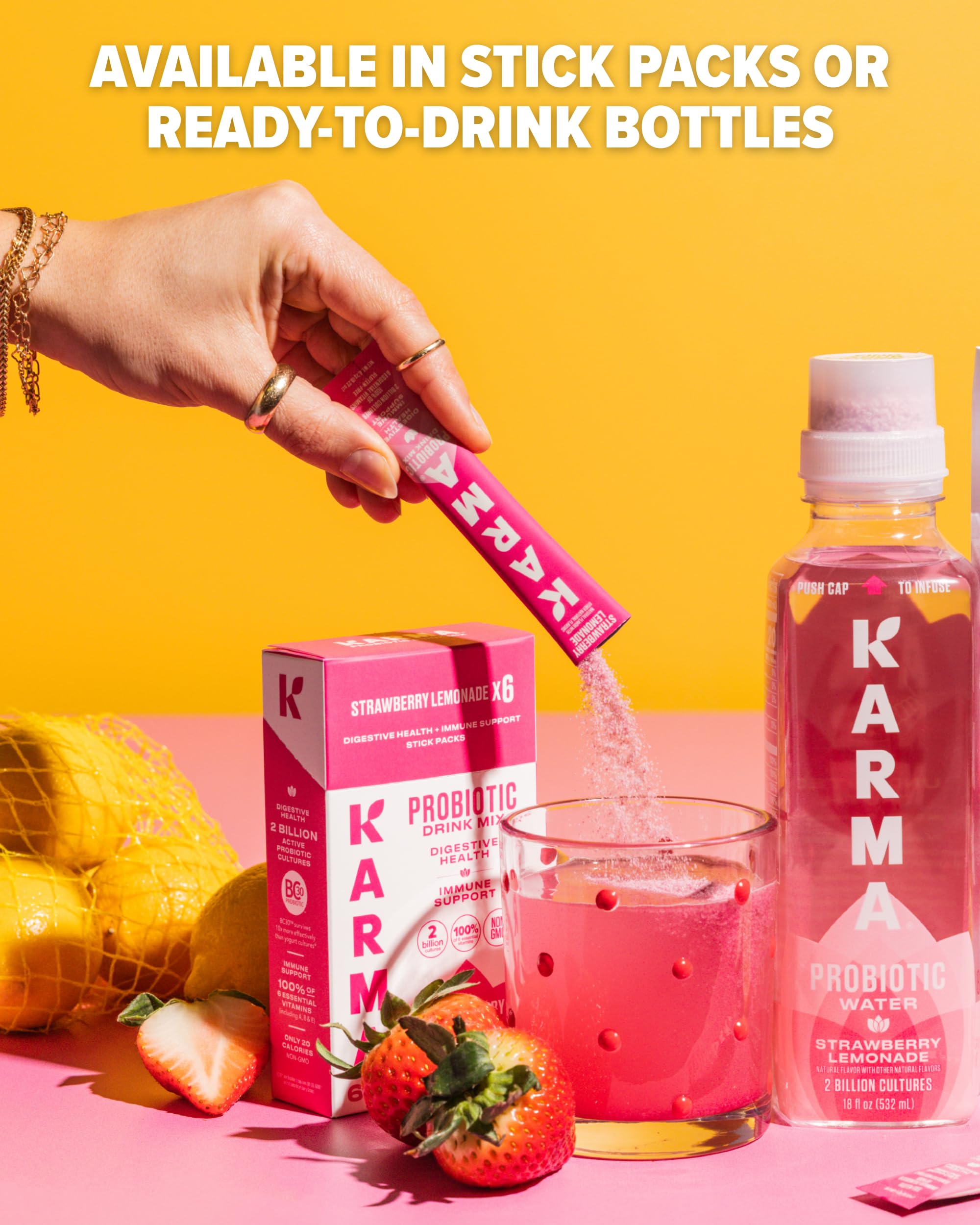 Close-up of a single Karma Strawberry Lemonade stick ready to mix.