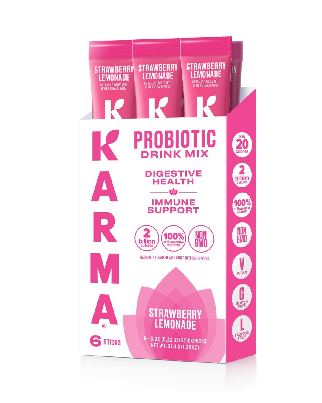 Karma Probiotic Hydration Stick in Strawberry Lemonade pack ready for on-the-go gut support.