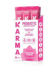 Karma Probiotic Hydration Stick in Strawberry Lemonade pack ready for on-the-go gut support.