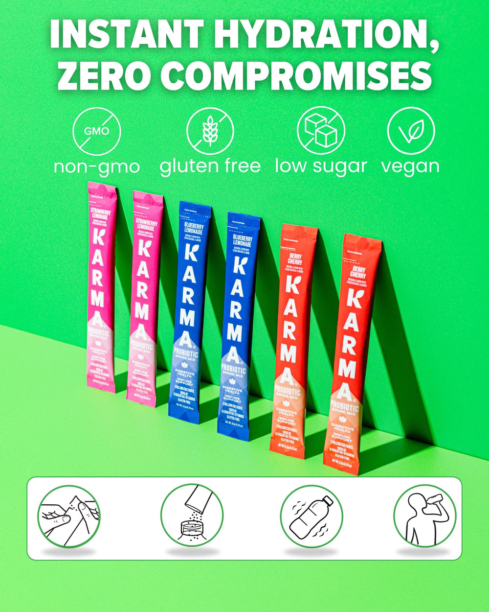Karma Probiotic Hydration Stick packaging and box for Strawberry Lemonade flavor.