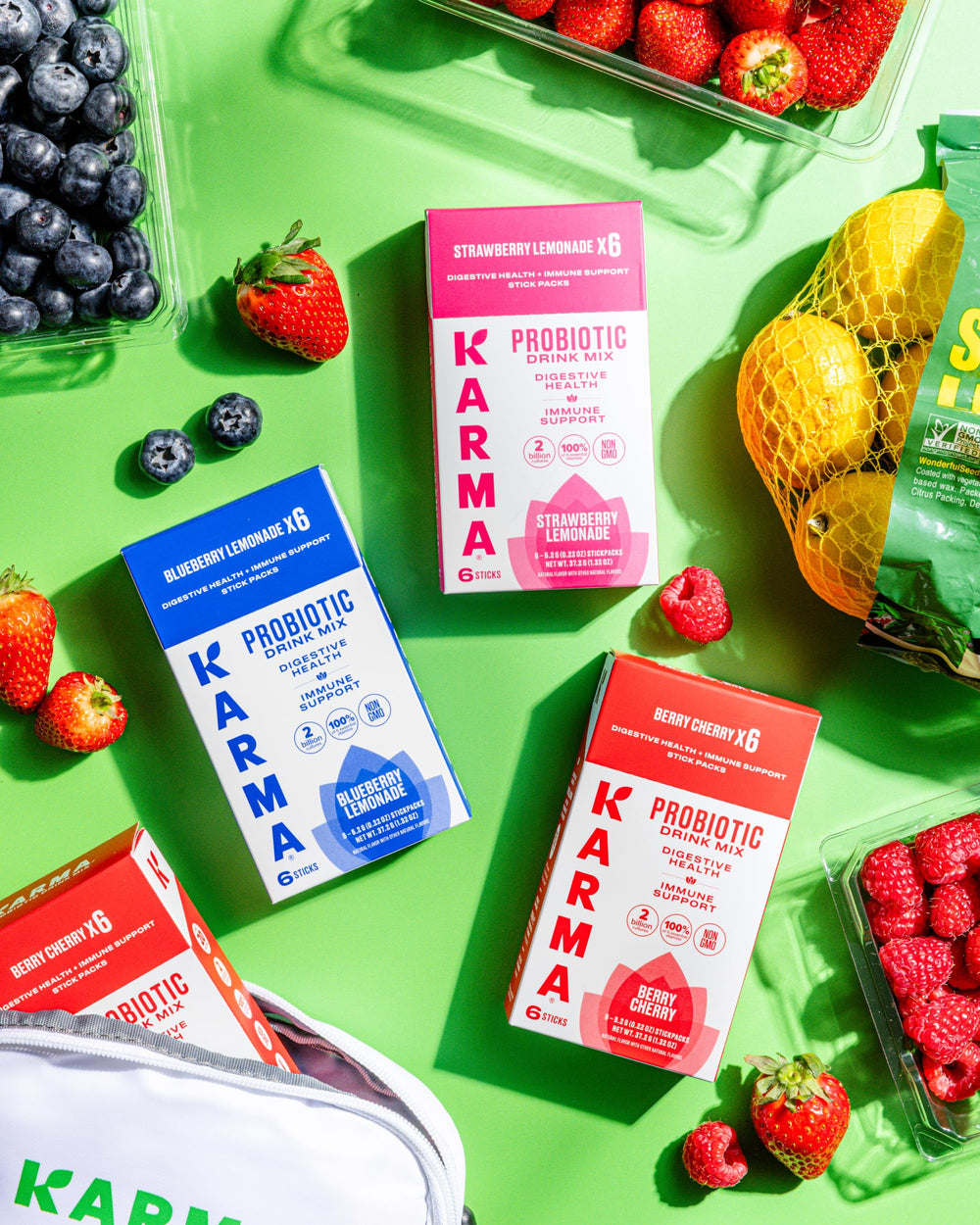 Karma Probiotic Hydration icons indicating non-GMO, vegan, gluten-free