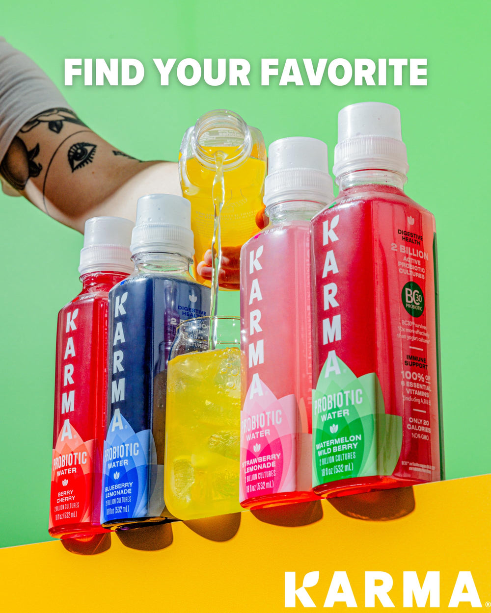 Karma Probiotic Water vitamins image showcases A, E, and B complex for everyday wellness.