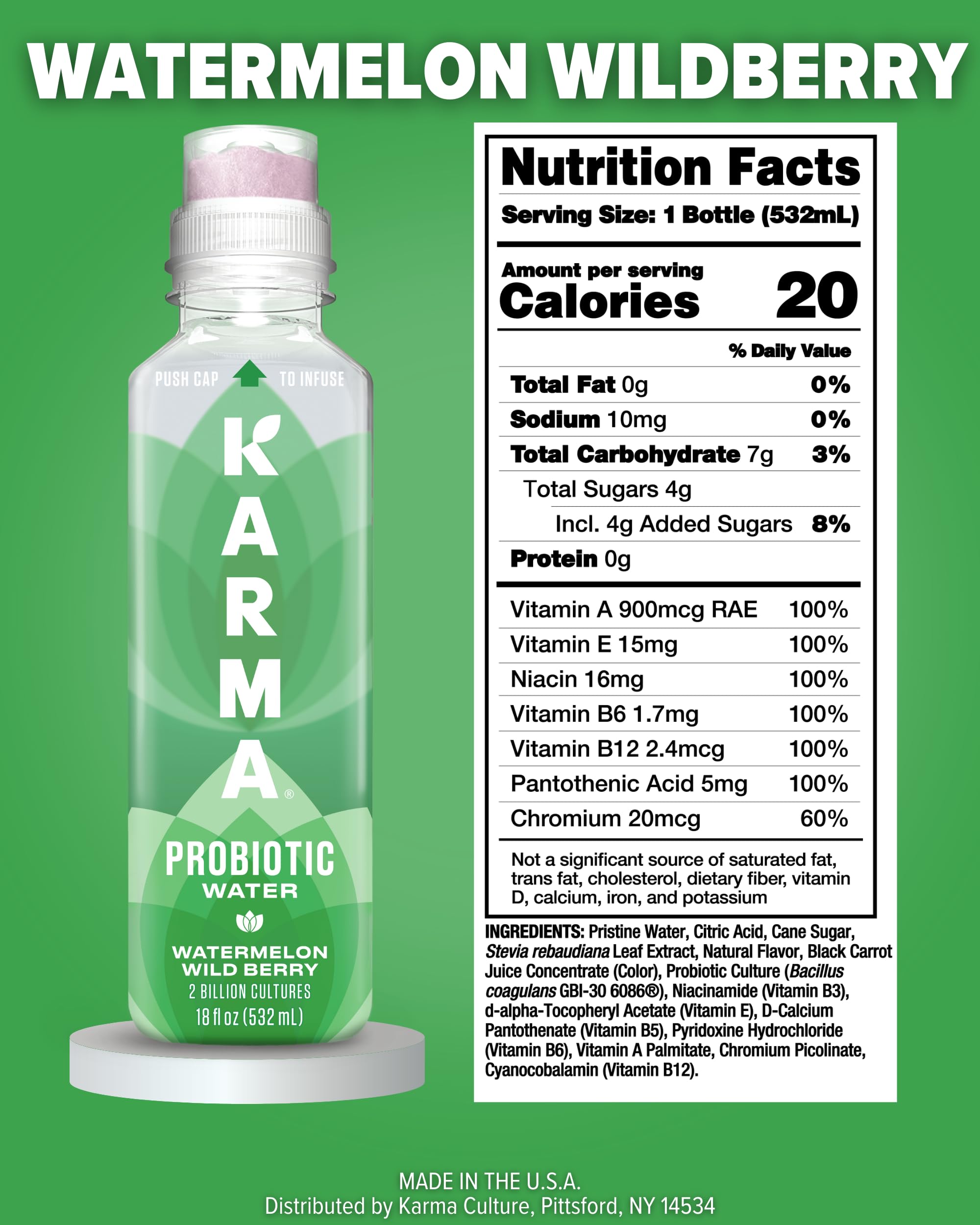 Karma Probiotic Water—push-cap activation demonstrates fresh nutrients at opening.