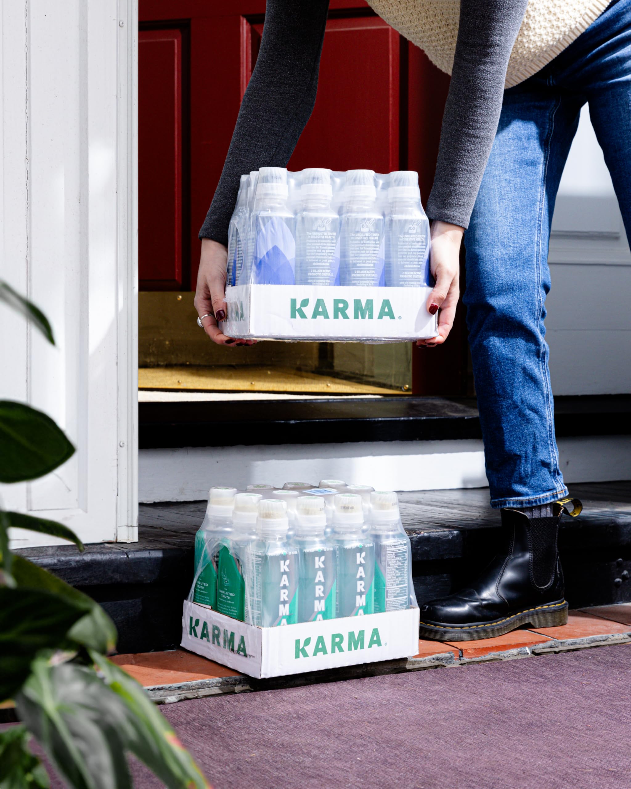 Karma Probiotic Water refreshing juices scene conveys cool, satisfying hydration.