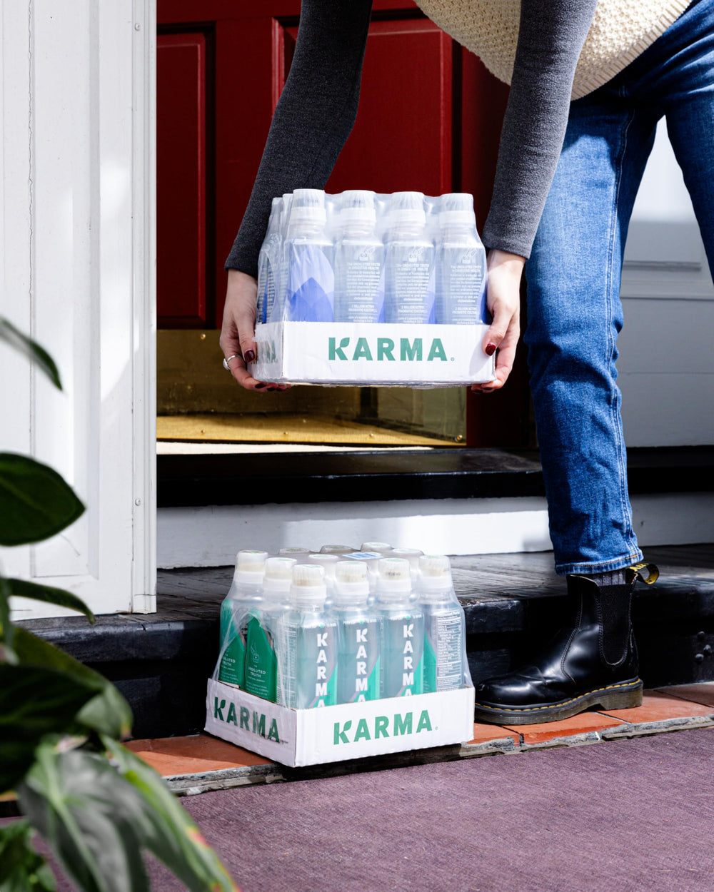 Karma Probiotic Water refreshing juices scene conveys cool, satisfying hydration.
