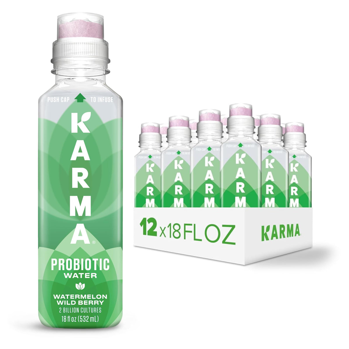 Karma Probiotic Water bottle—watermelon flavor for refreshing hydration with probiotic support.