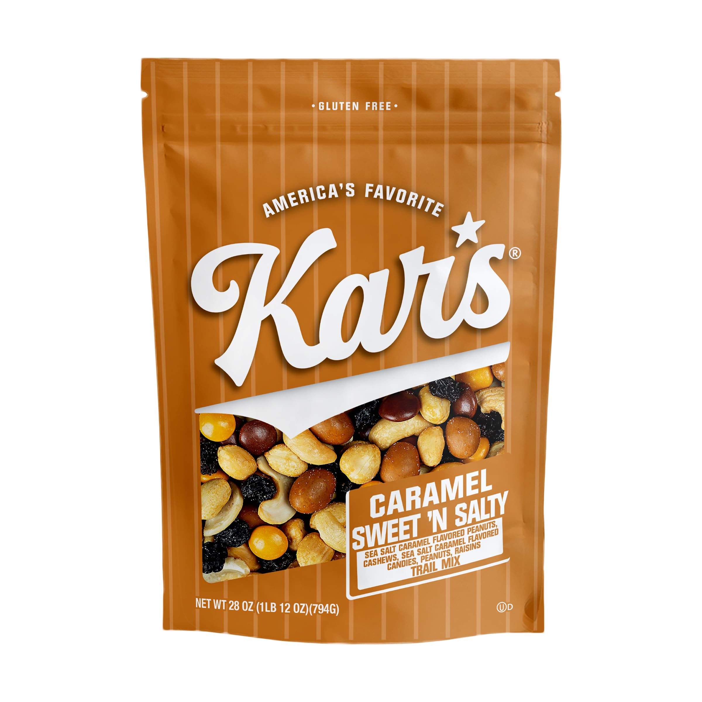 Kar’s Nuts Caramel Sweet 'N Salty Trail Mix in resealable 28 oz pouch for freshness
