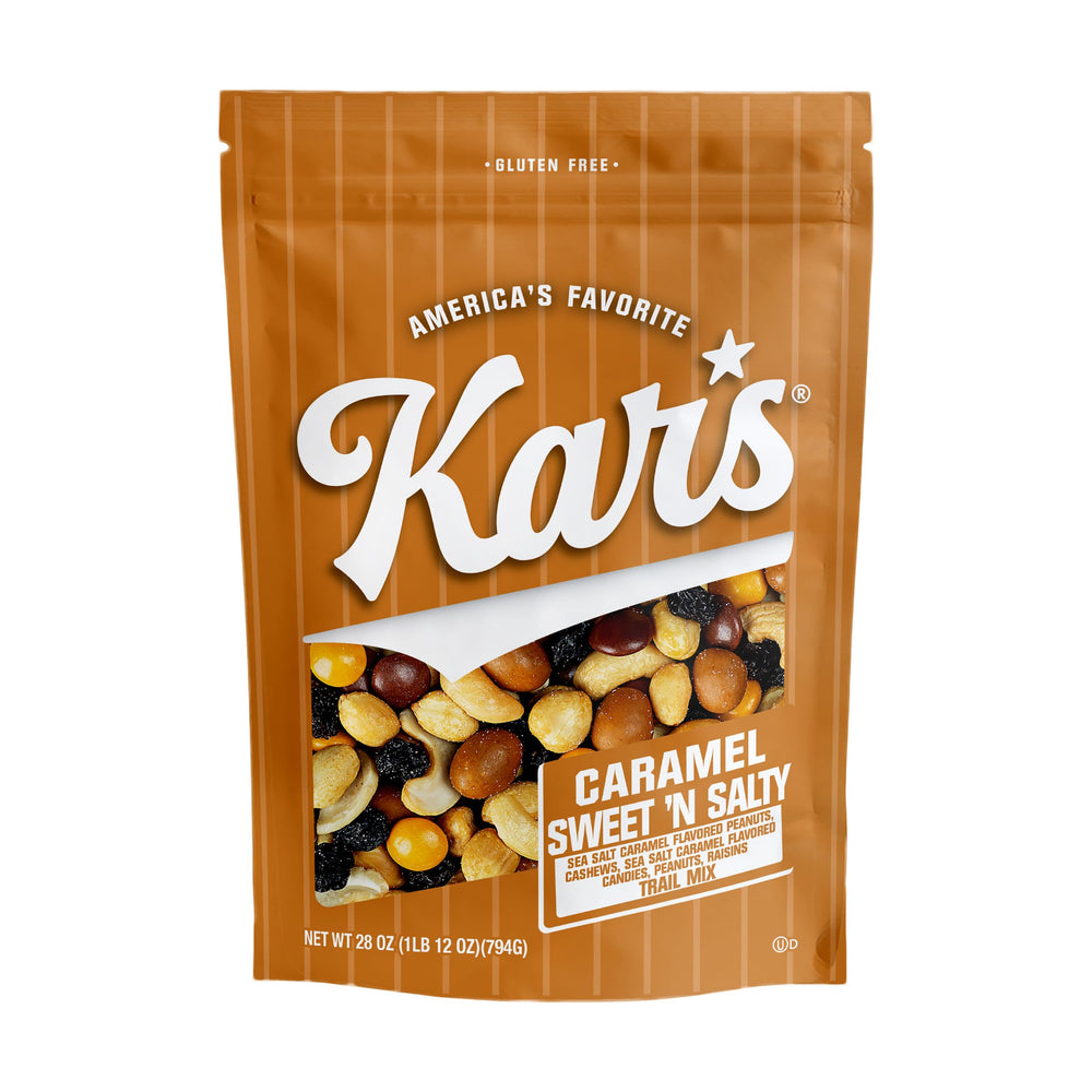 Kar’s Nuts Caramel Sweet 'N Salty Trail Mix in resealable 28 oz pouch for freshness
