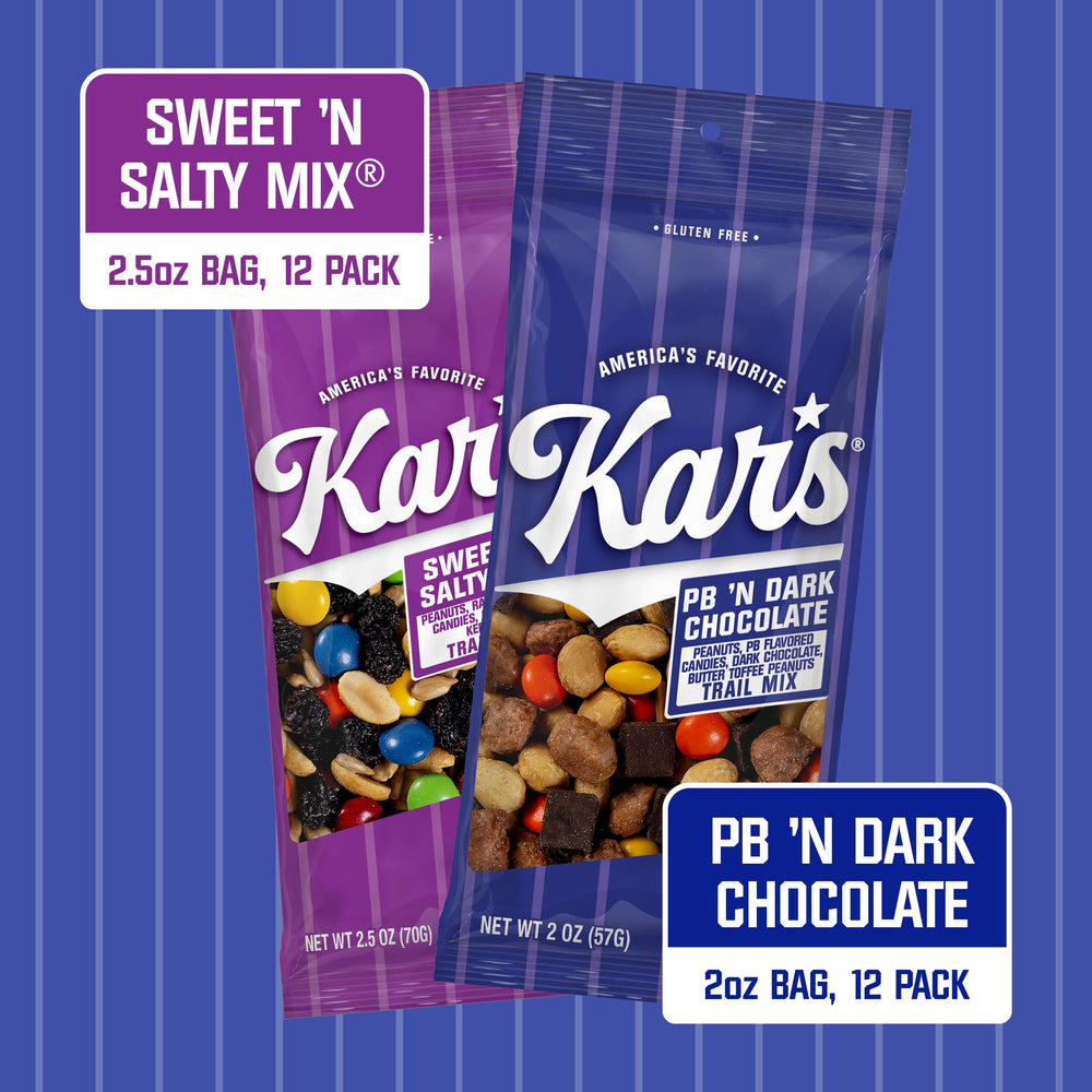 Kar’s Sweet ’N Salty Mix with cocoa candies and raisins, ideal for cravings.