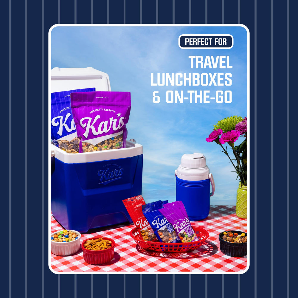 Kar's Nuts Sweet N Salty Trail Mix pouch opened for serving