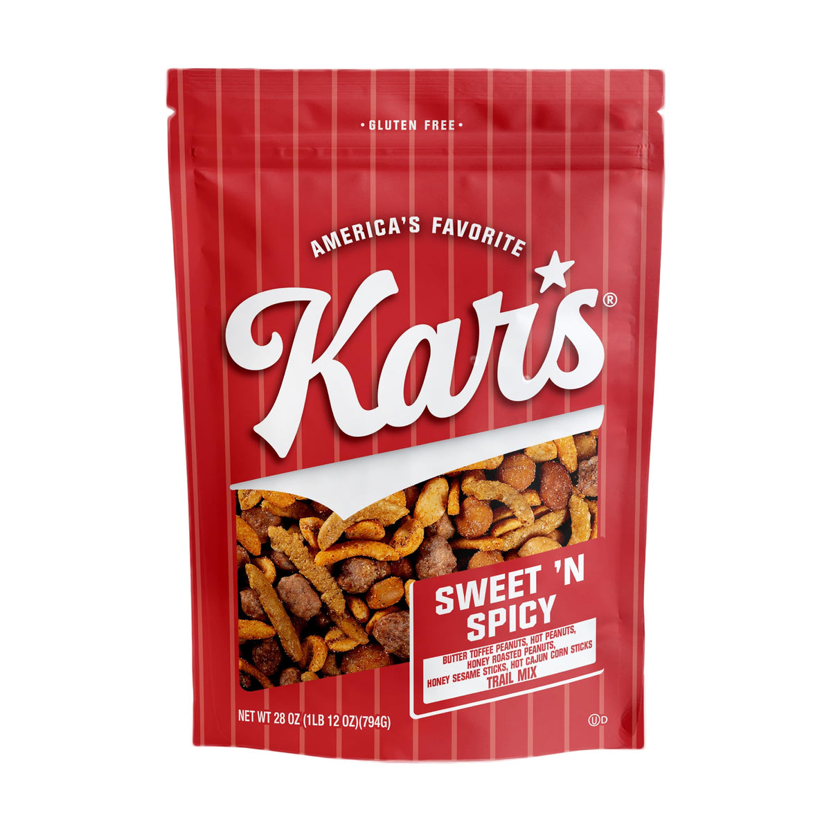 Kar's Nuts Sweet 'N Spicy Trail Mix in a resealable pouch for fresh, on-the-go snacking.