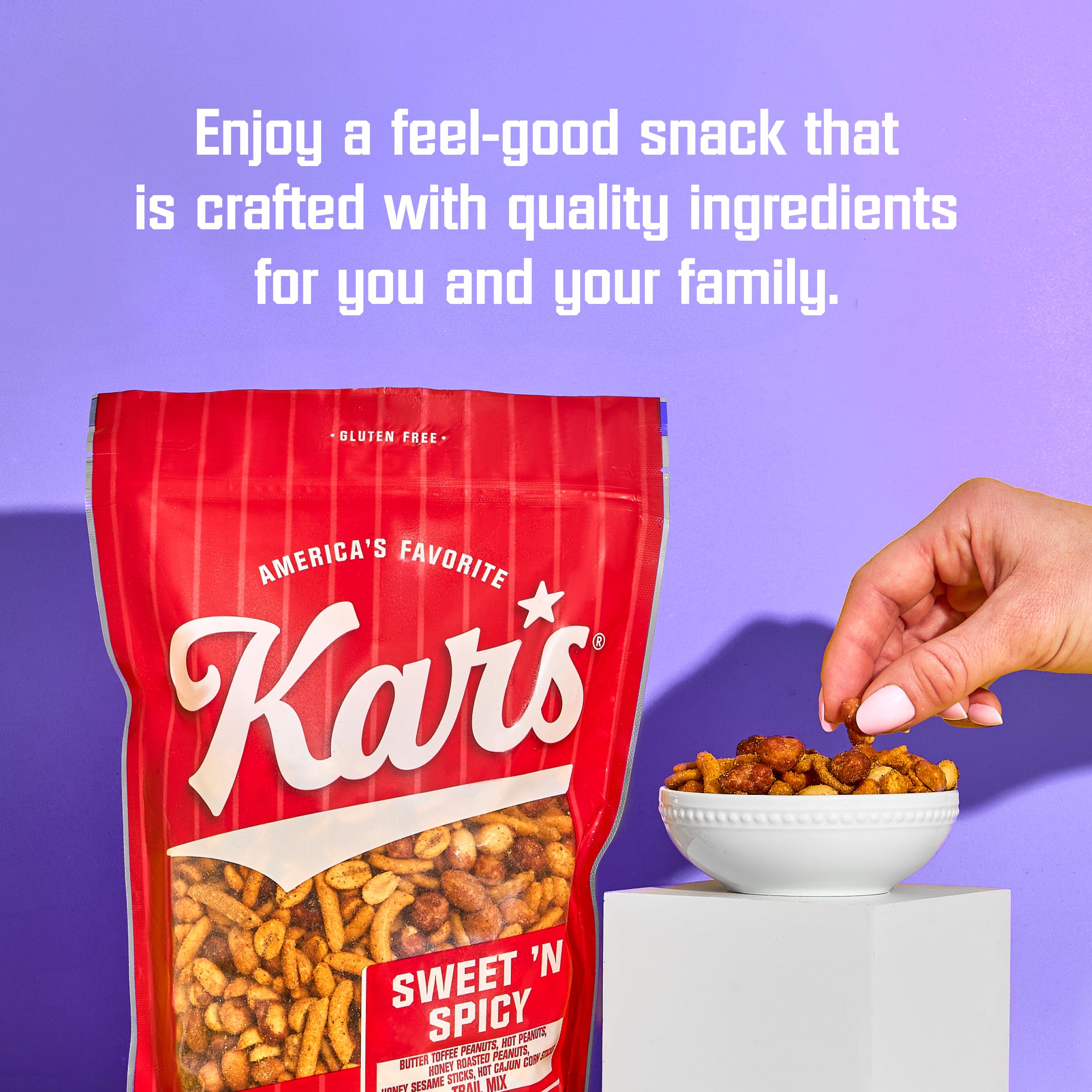 Honey roasted peanuts balance sweetness in Kar's Sweet 'N Spicy Trail Mix.