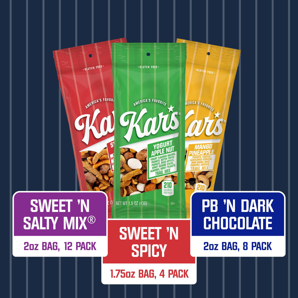 Kar's Nuts variety pack label visible, perfect for lunchboxes and daily snacking.