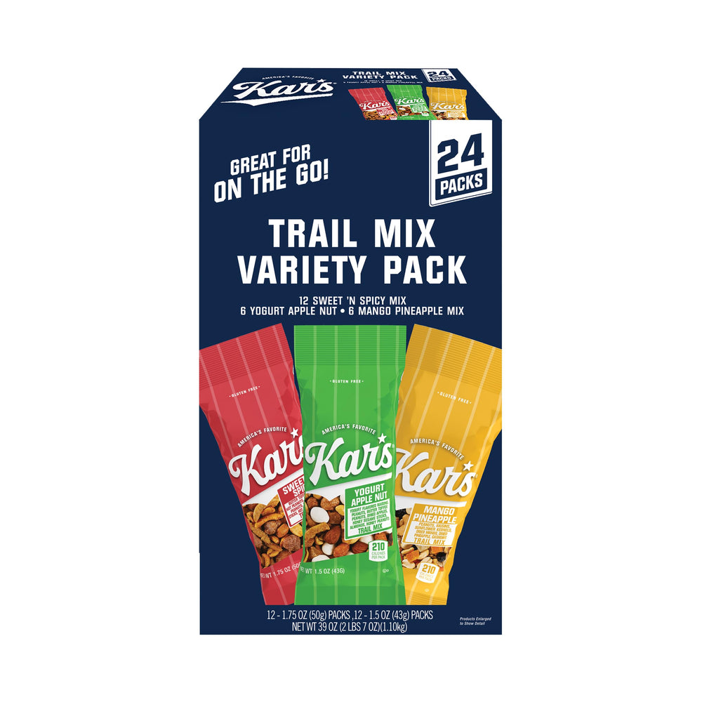 Kar’s Nuts variety pack trail mix bulk display for travel and office snacking