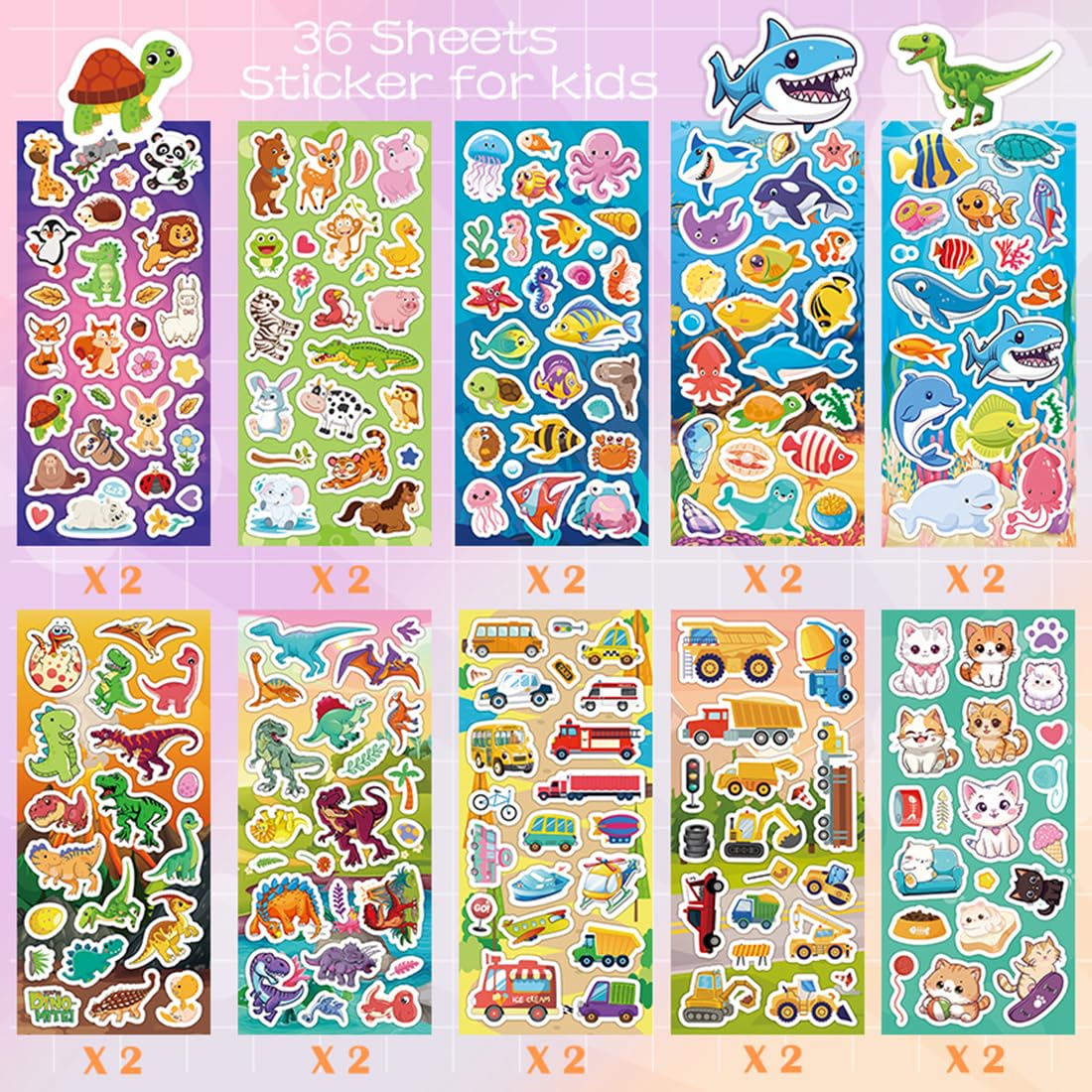 KARSLORA animals-fruits-dinosaurs sticker spread for kids' scrapbooks.