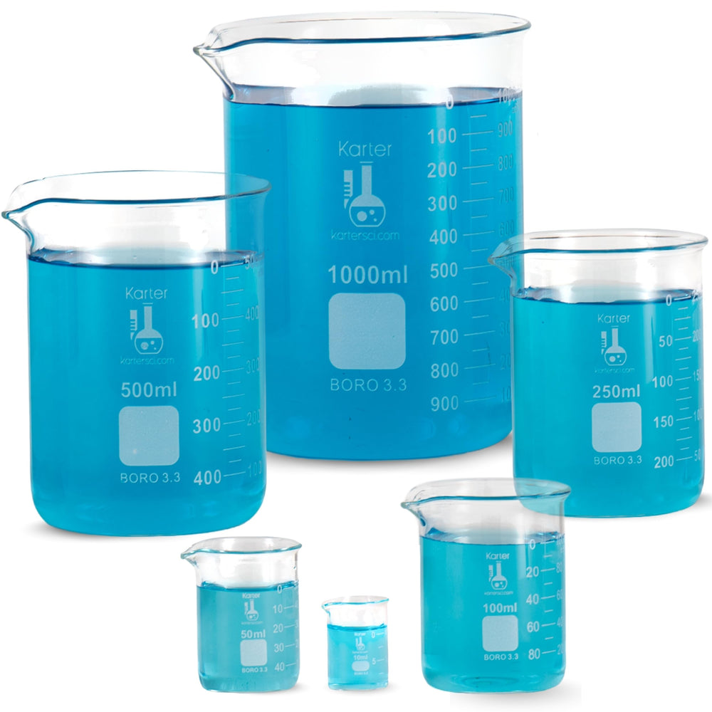 Karter Scientific Griffin low-form beaker on lab bench highlighting stability.