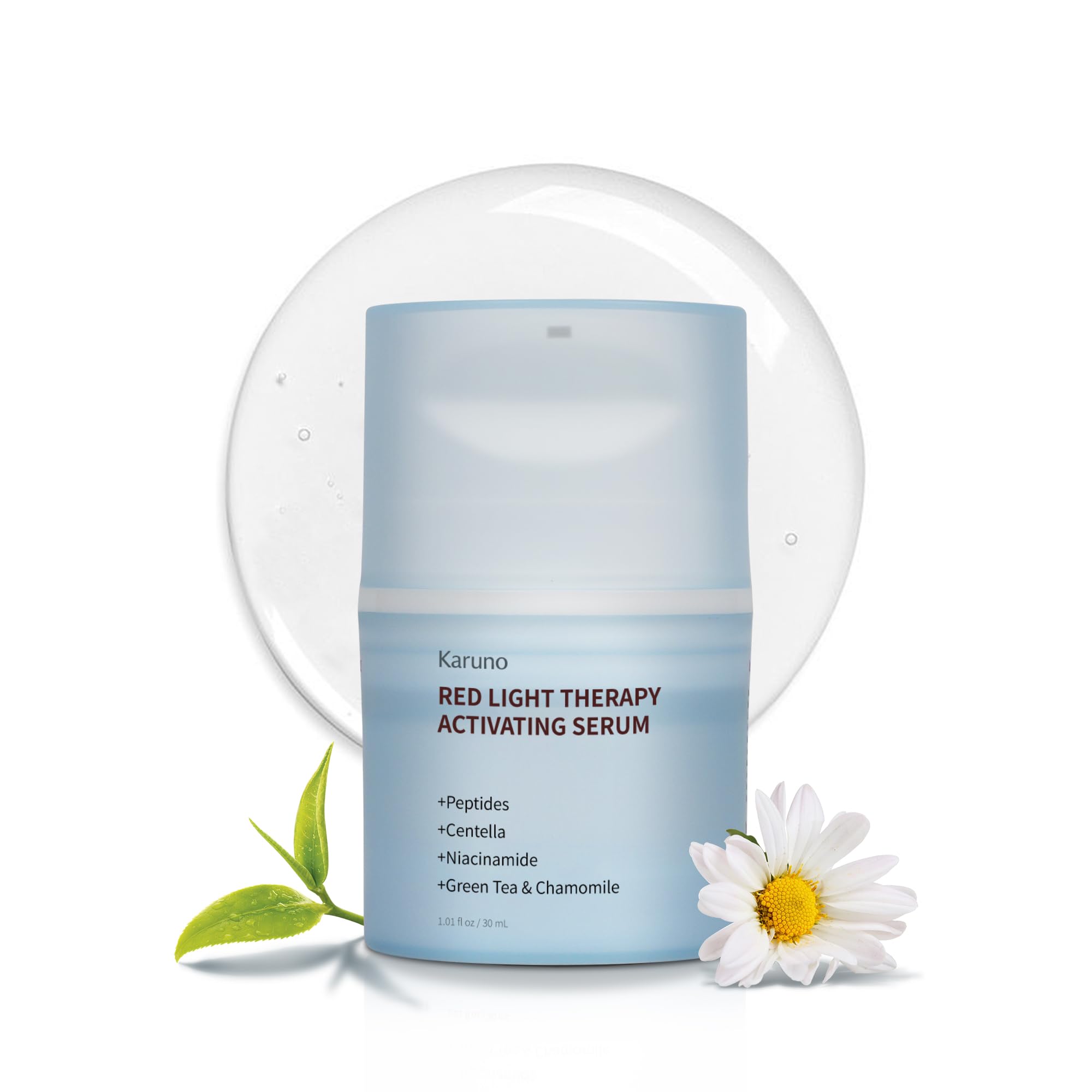 KARUNO Red Light Activation Serum bottle close-up priming skin for LED sessions.