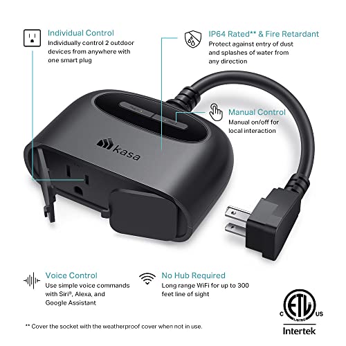Kasa Outdoor Plug showing Apple HomeKit compatibility for Siri control.