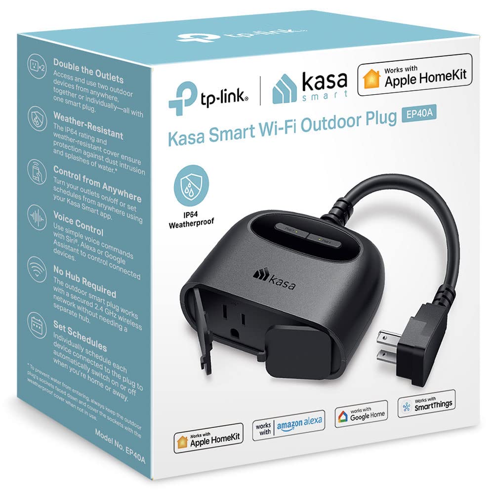 Kasa outdoor plug with dual sockets enabling independent outlet control.