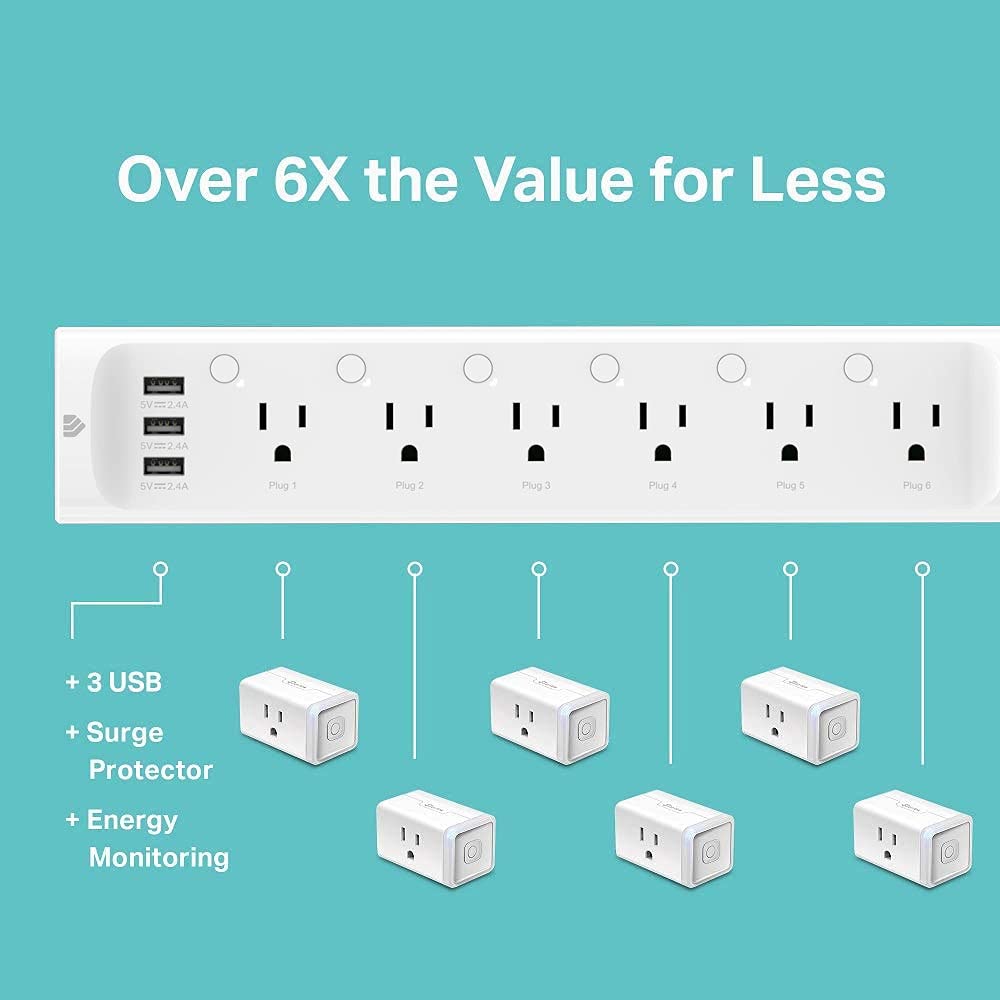 Energy monitoring shows real-time usage for each outlet in the app.