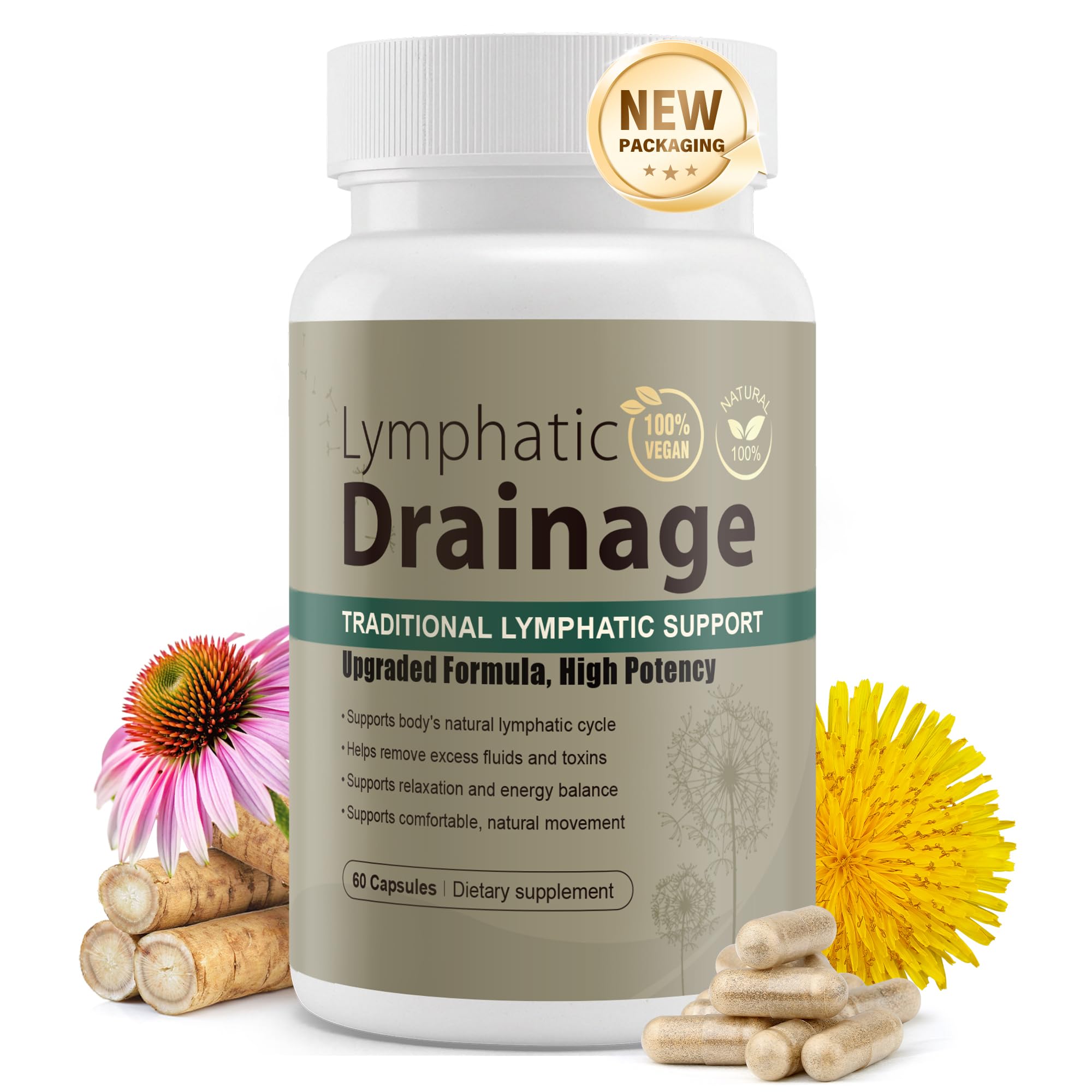 Kaseano Lymphatic Drainage Capsules bottle on white background highlighting convenient daily immune support.