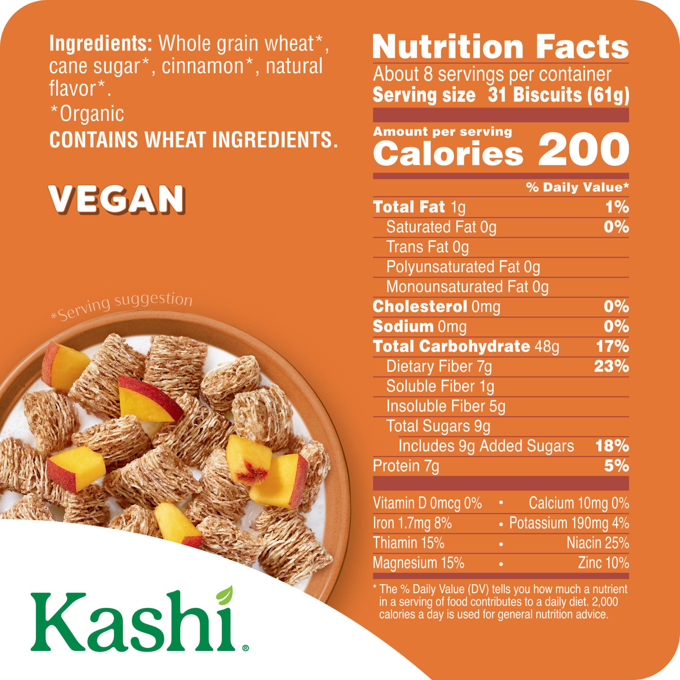 Kashi Cinnamon Harvest box front displays organic vegan and Non-GMO badges