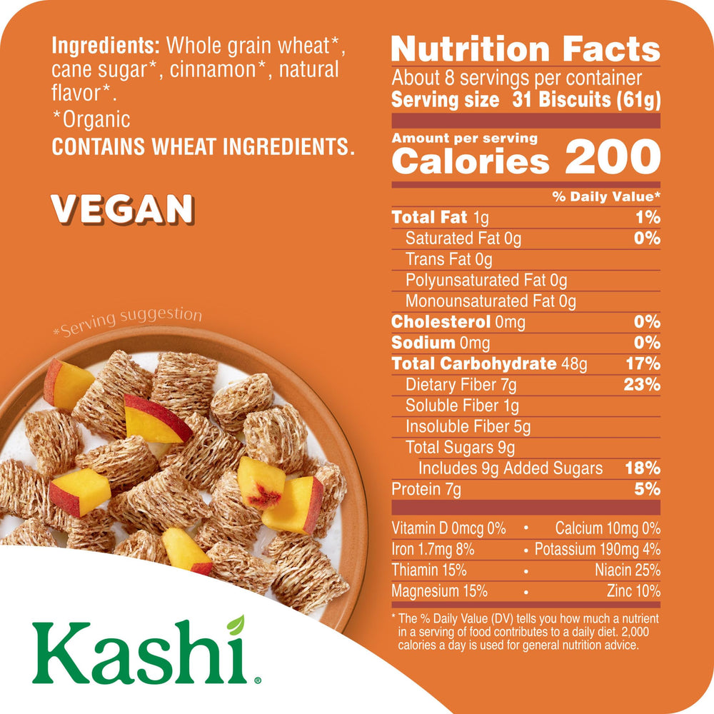 Kashi Cinnamon Harvest box front displays organic vegan and Non-GMO badges