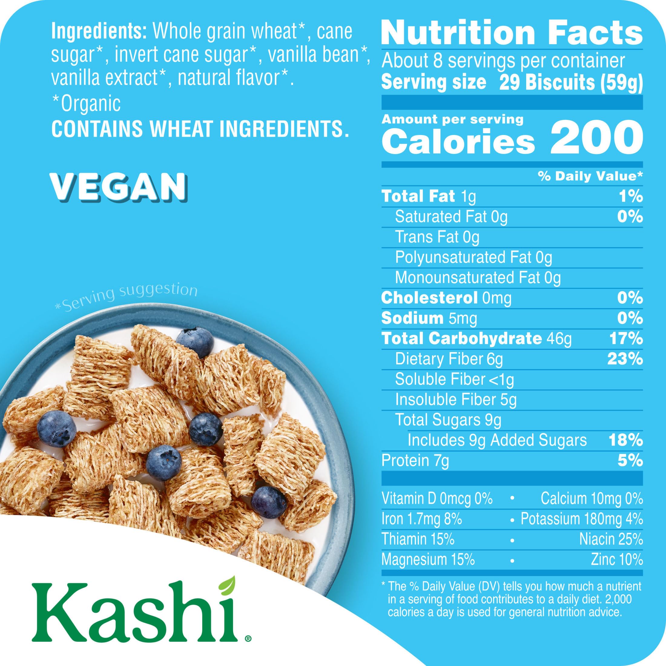 Kashi Island Vanilla cereal bag close-up highlighting organic ingredients and vanilla beans.
