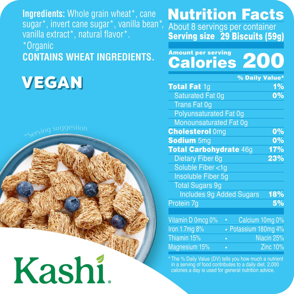 Kashi Island Vanilla cereal bag close-up highlighting organic ingredients and vanilla beans.