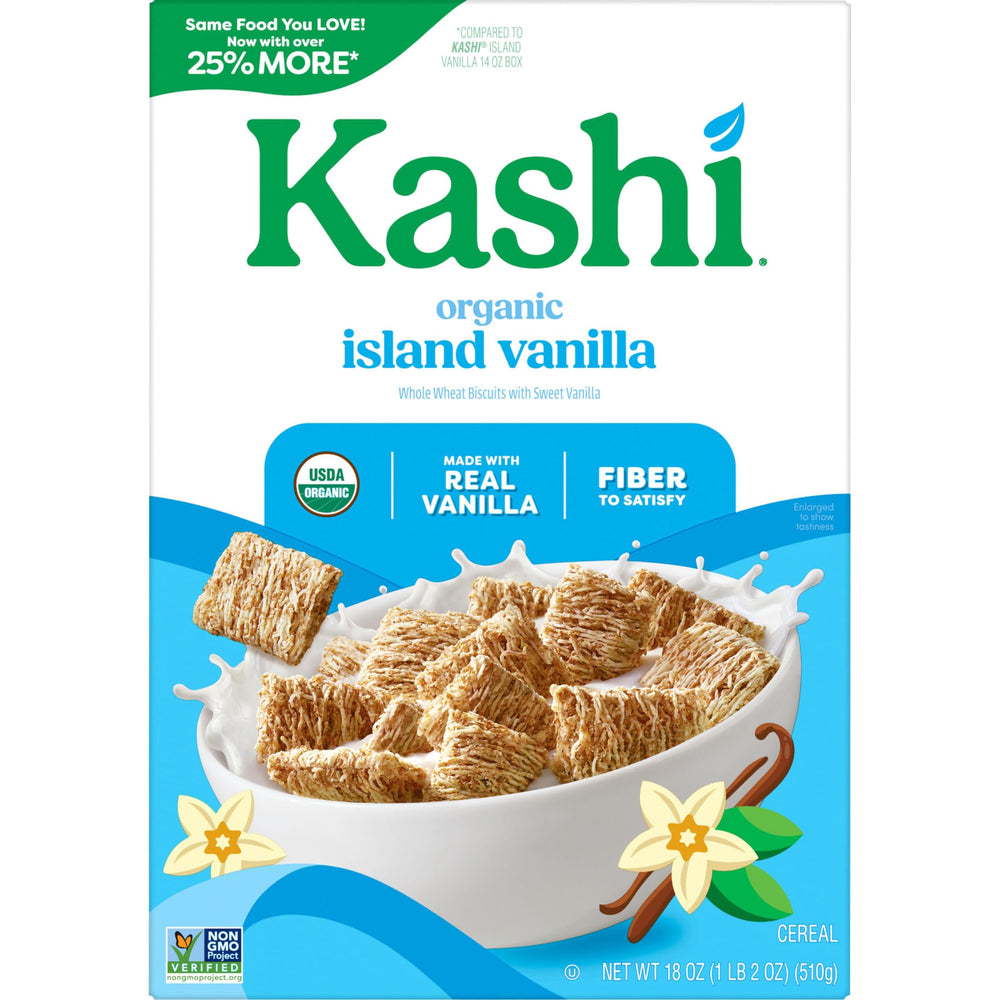 Kashi Island Vanilla cereal being poured, illustrating whole grains.
