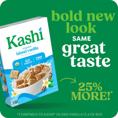 Kashi Island Vanilla cereal with spoon and milk, emphasizing crunchy texture.