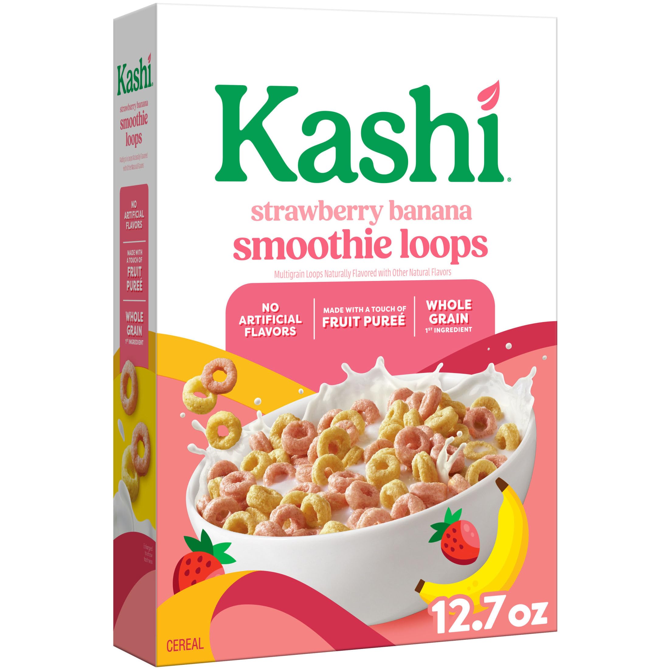 Kashi Strawberry Banana Smoothie Loops box front displaying vibrant fruit flavor for quick breakfast.