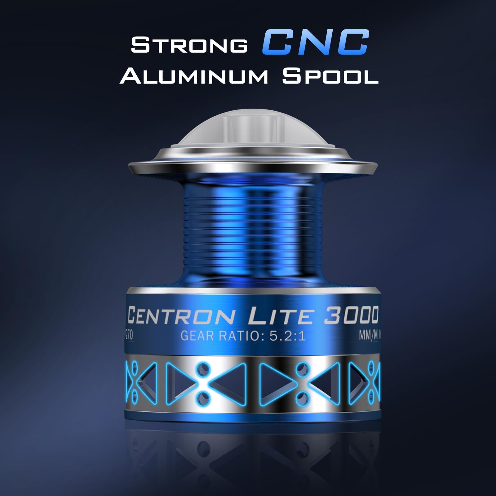 Two-tone anodized aluminum spool on Centron for durable, high-capacity line storage