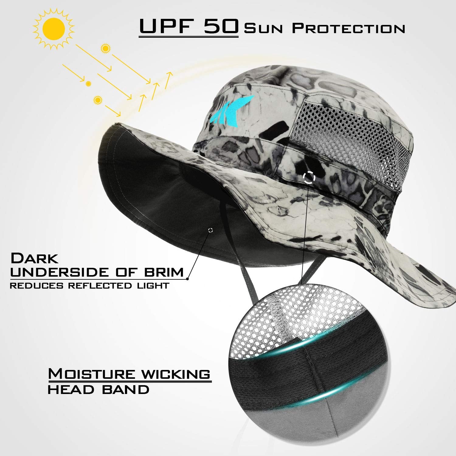 KastKing Sol Armis Boonie Silver Mist close-up highlighting UPF 50 sun protection.