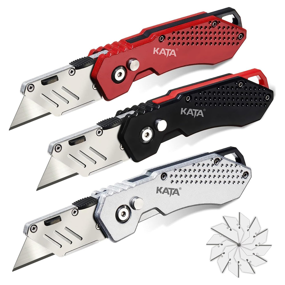 KATA 3-pack heavy duty box cutter with folding knife and zinc alloy body for durability.