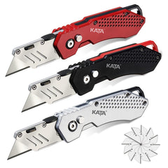 KATA 3-pack heavy duty box cutter with folding knife and zinc alloy body for durability.