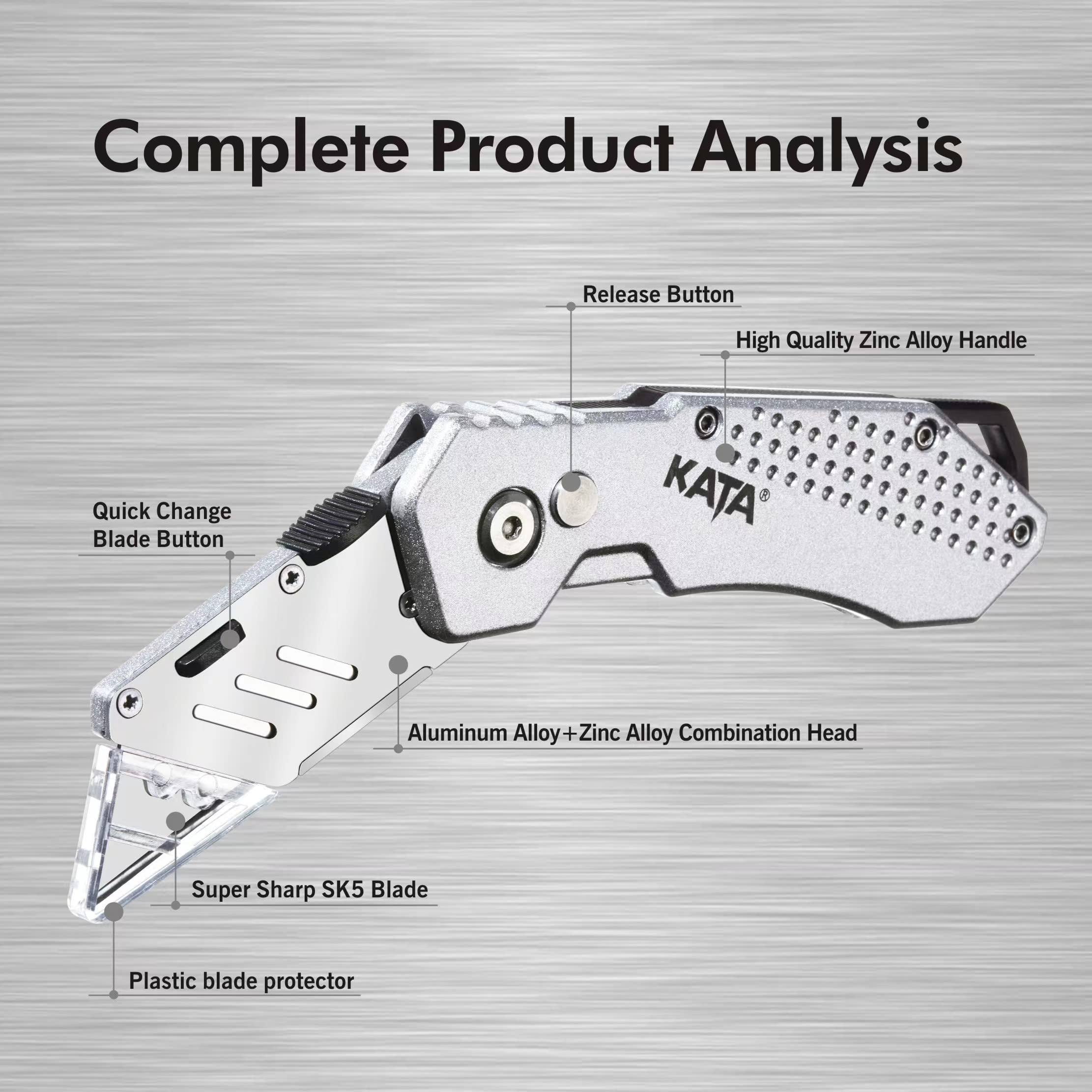Close-up of KATA zinc alloy body and ergonomic handle for comfortable use.