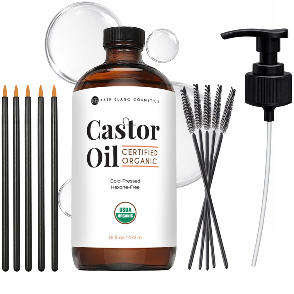 Kate Blanc Cosmetics castor oil bottle closeup for brows and lashes