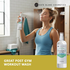 Kate Blanc Cosmetics HOCl spray bottle used on eyelids and lashes for delicate care.