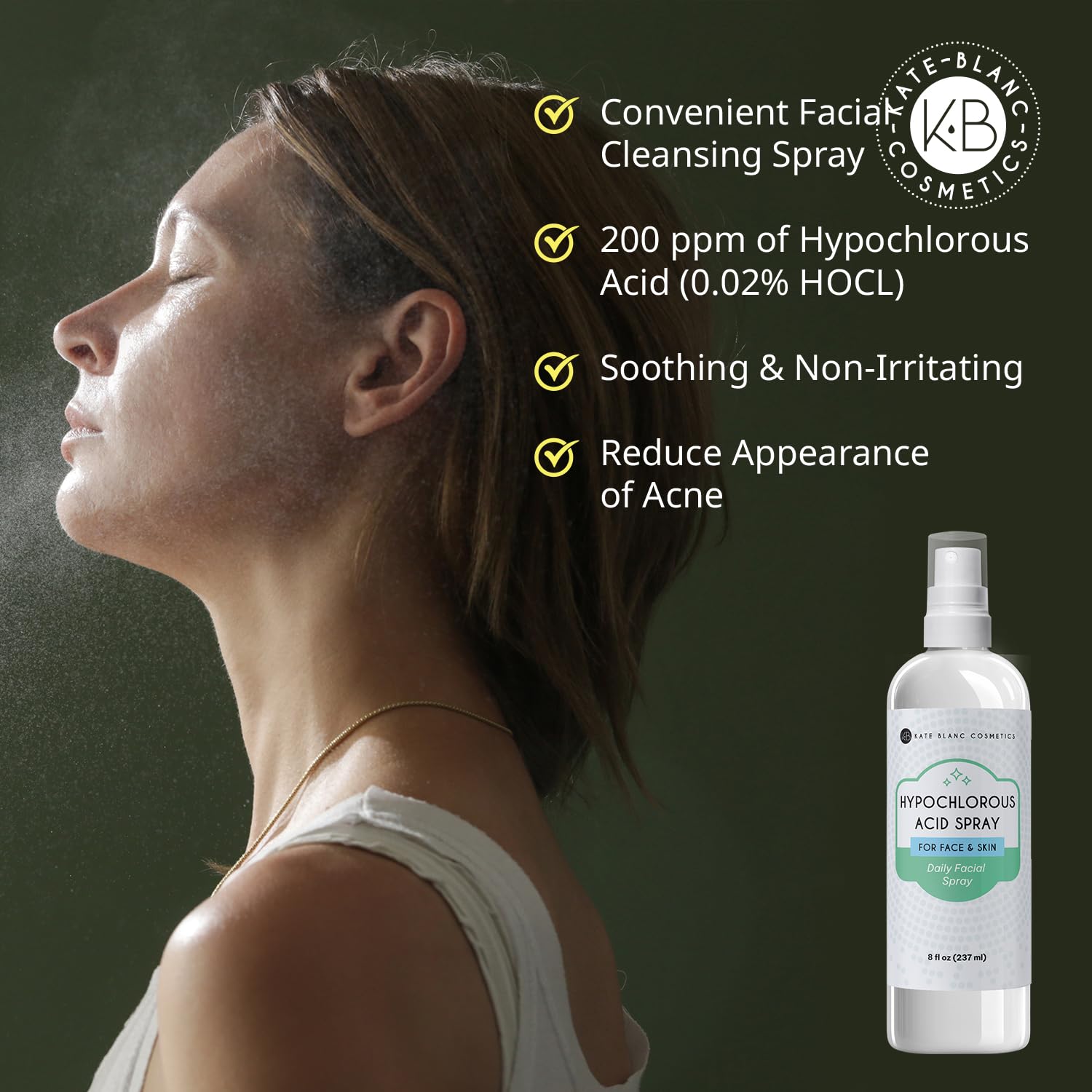 Kate Blanc Cosmetics HOCl spray bottle delivering gentle hydration for sensitive skin.