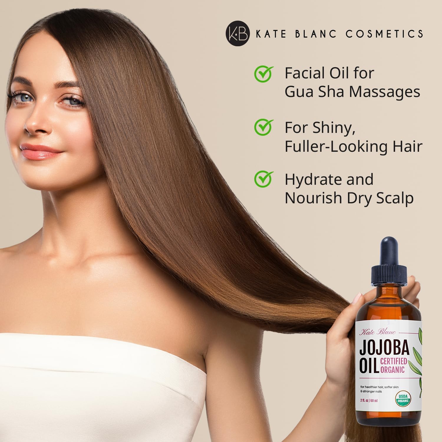 Kate Blanc Jojoba Oil on skin provides lightweight moisture for a soft, hydrated feel.