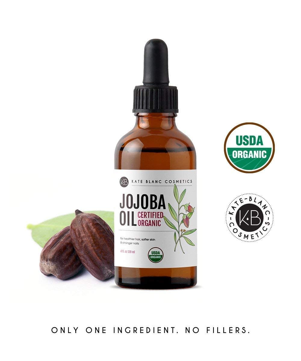 Kate Blanc Organic Jojoba Oil amber glass bottle preserves purity and freshness.