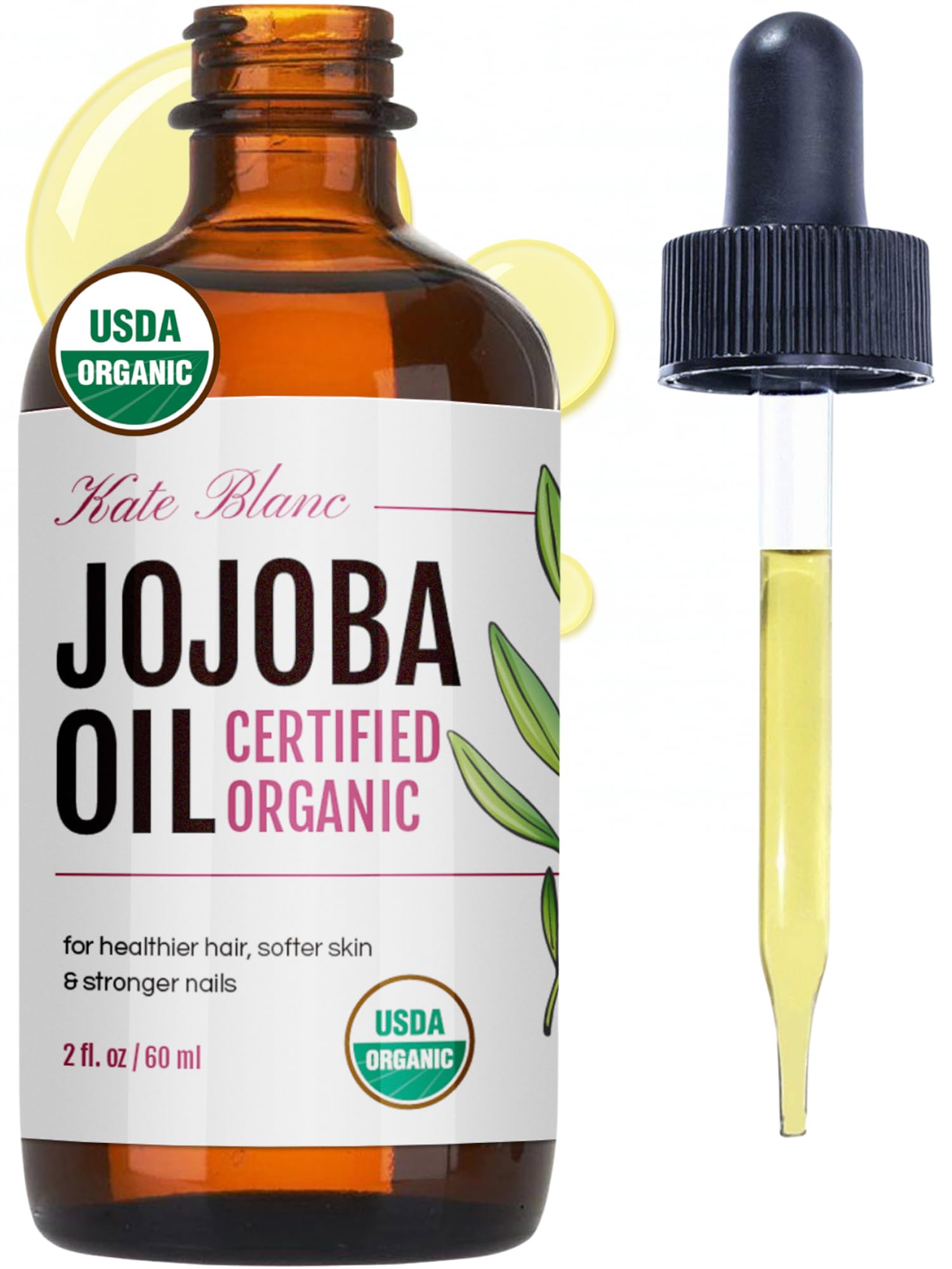 Kate Blanc Organic Jojoba Oil bottle showing pure, premium carrier oil for daily care.